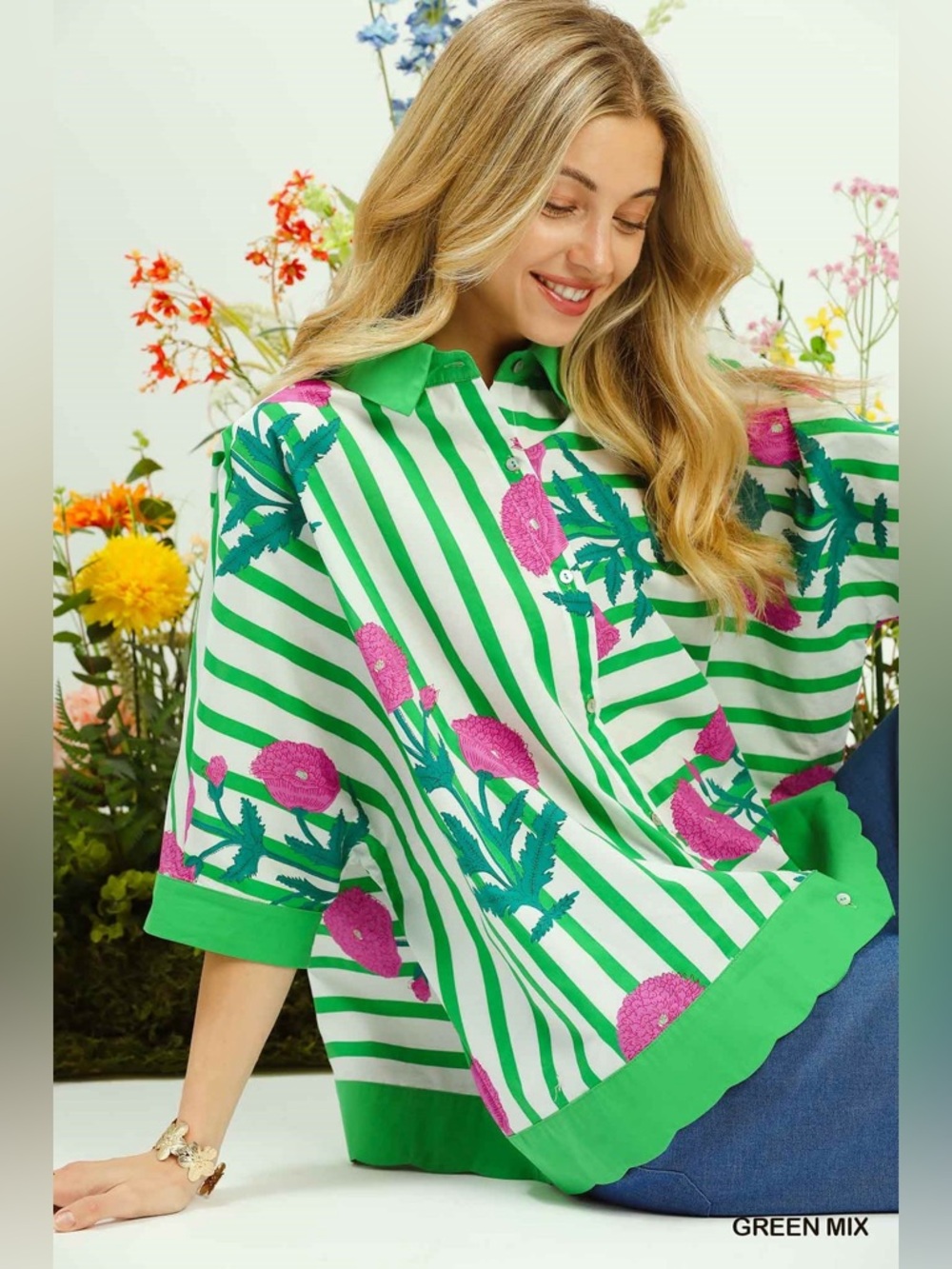 Umgee Mix Floral Stripe Button Down Top - Picture 6 of 8